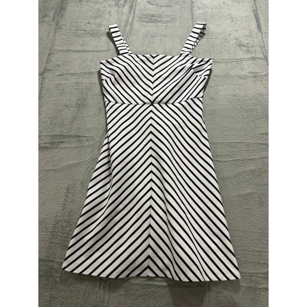 Womens Navy White Chevron Striped Fit Flare Mini Dress Square Neck Sleeveless