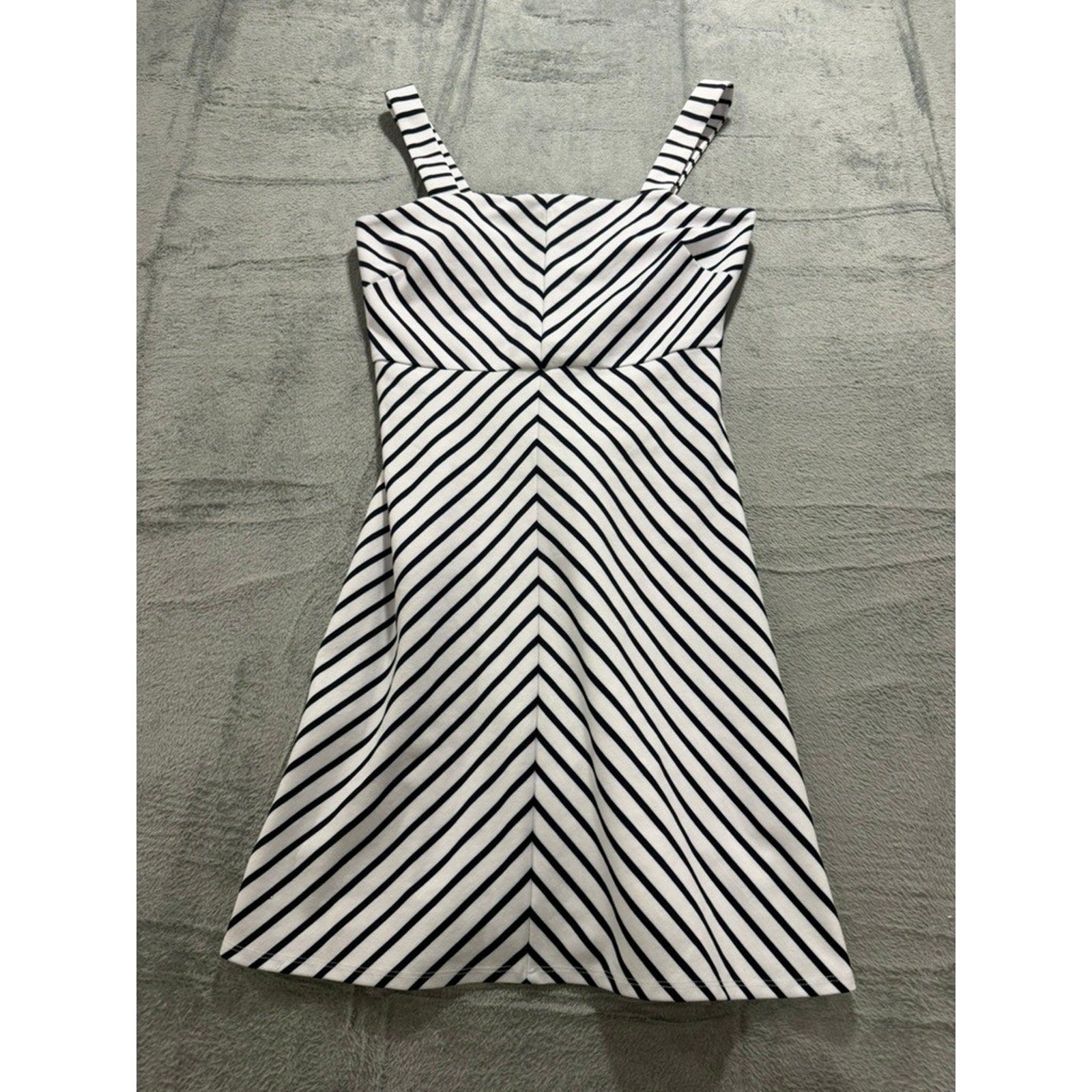 Womens Navy White Chevron Striped Fit Flare Mini Dress Square Neck Sleeveless