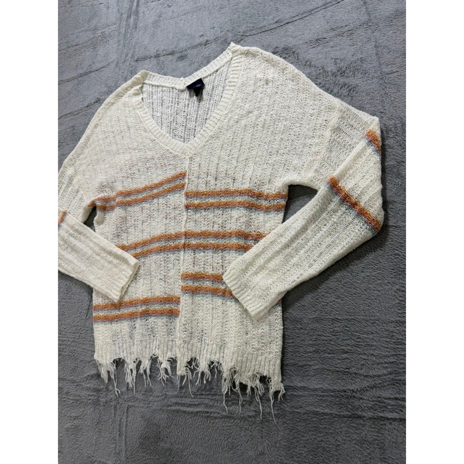 Daytrip Womens Striped V-Neck Open Knit Distressed Frayed Hem Sweater Cream L