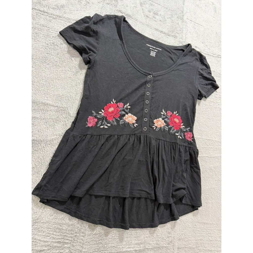 American Eagle Soft & Sexy Black Floral Embroidered Babydoll Peplum Top XS