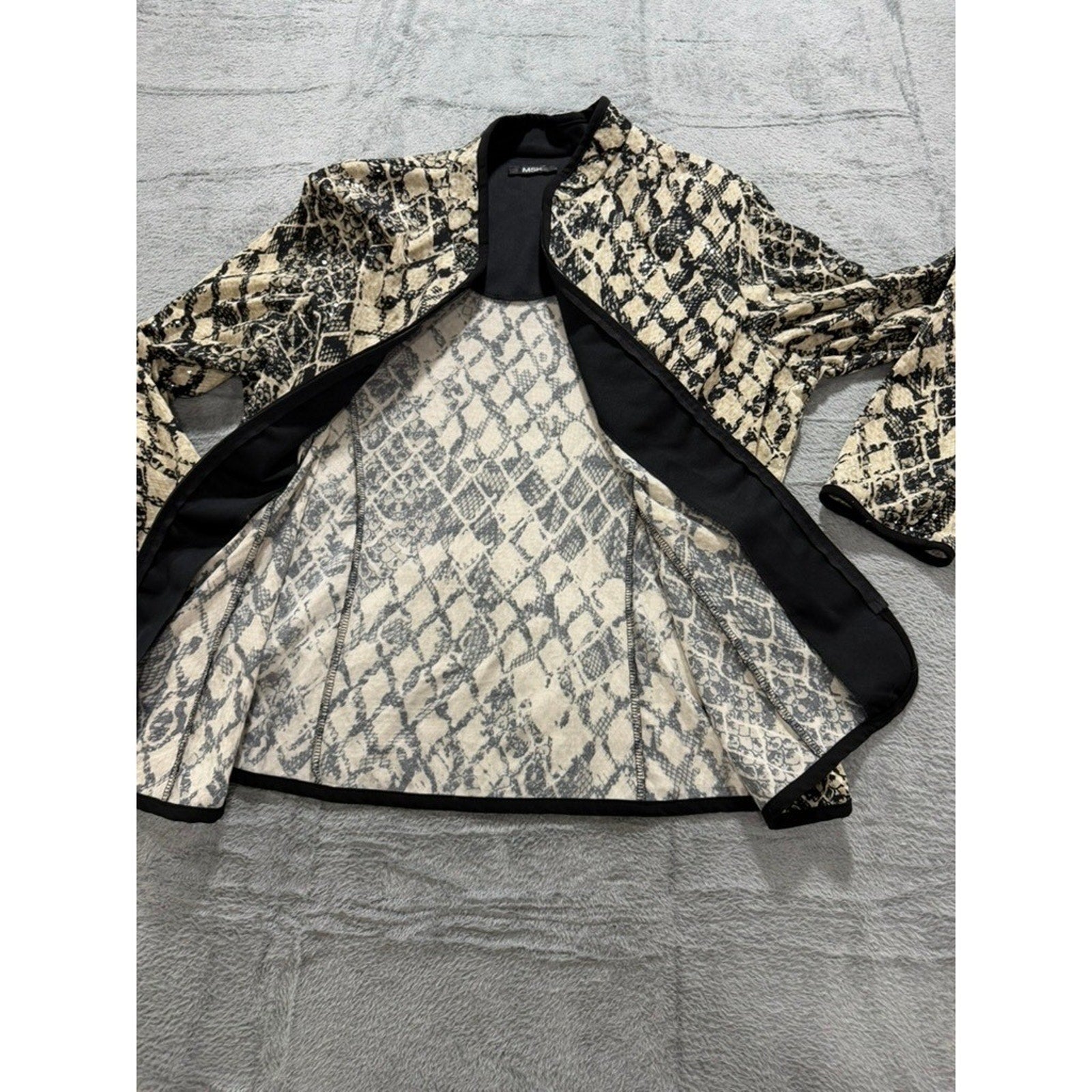 MSK Womens Snakeskin Print Sequin Zip Front Jacket Tan Black Animal Print XL