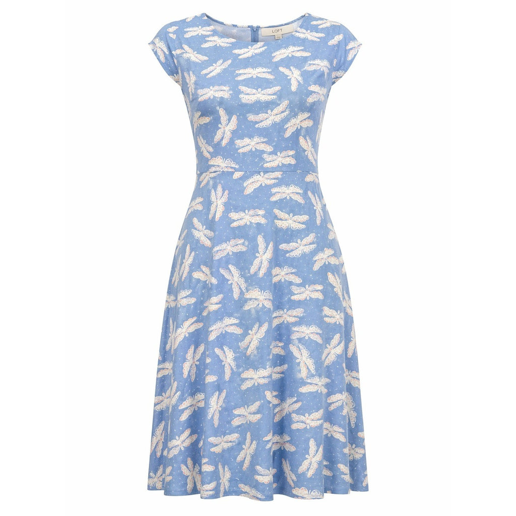 LOFT Dress Womens 12 Blue Dragonfly Print Cap Sleeve Fit Flare Midi