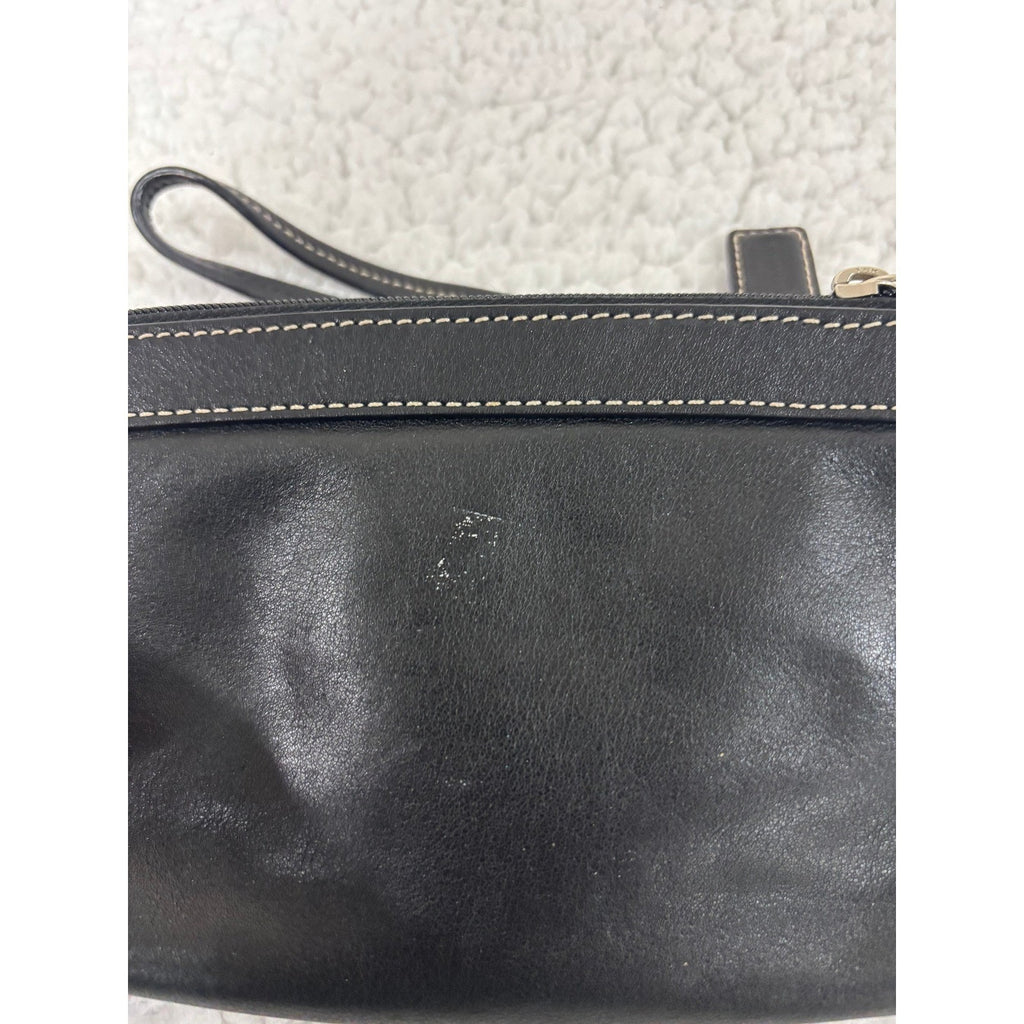 Coach Black Leather Wristlet Pouch Clutch Zip Wallet Wrist Strap Gold Hardware