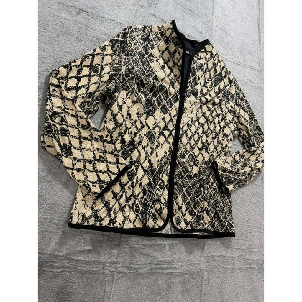 MSK Womens Snakeskin Print Sequin Zip Front Jacket Tan Black Animal Print XL