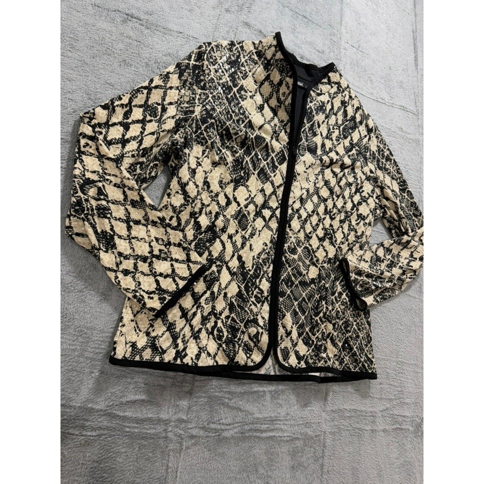 MSK Womens Snakeskin Print Sequin Zip Front Jacket Tan Black Animal Print XL