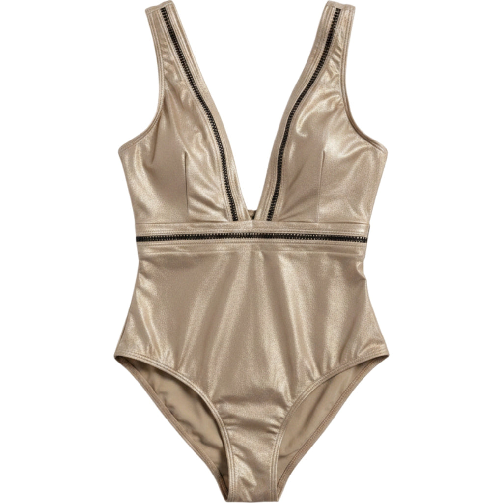 Ted Baker One Piece Swimsuit Metallic Gold Plunge Cutout Luxe Swim M