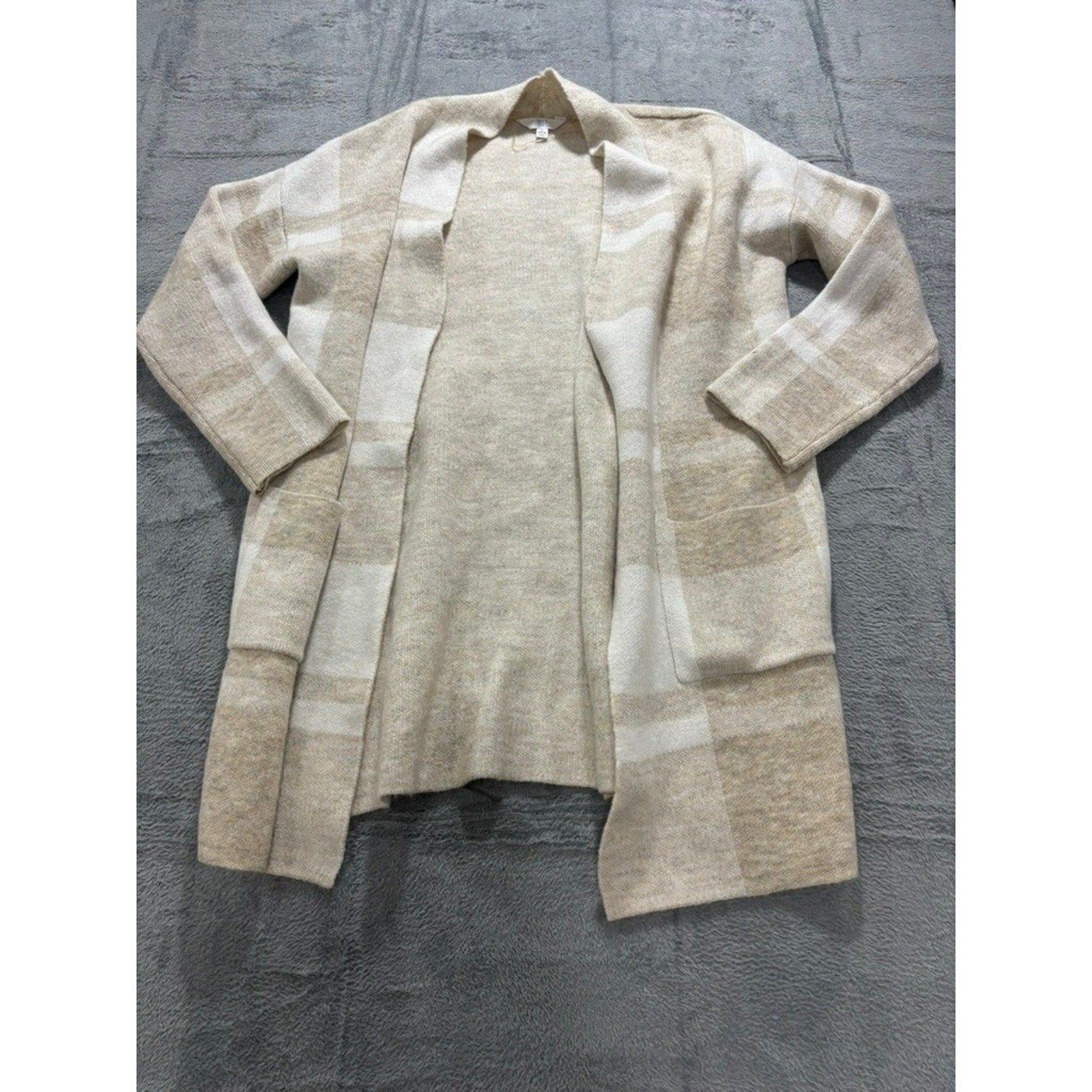 Time and Tru Womens Plaid Open Front Cardigan Sweater Oatmeal White L 12-14