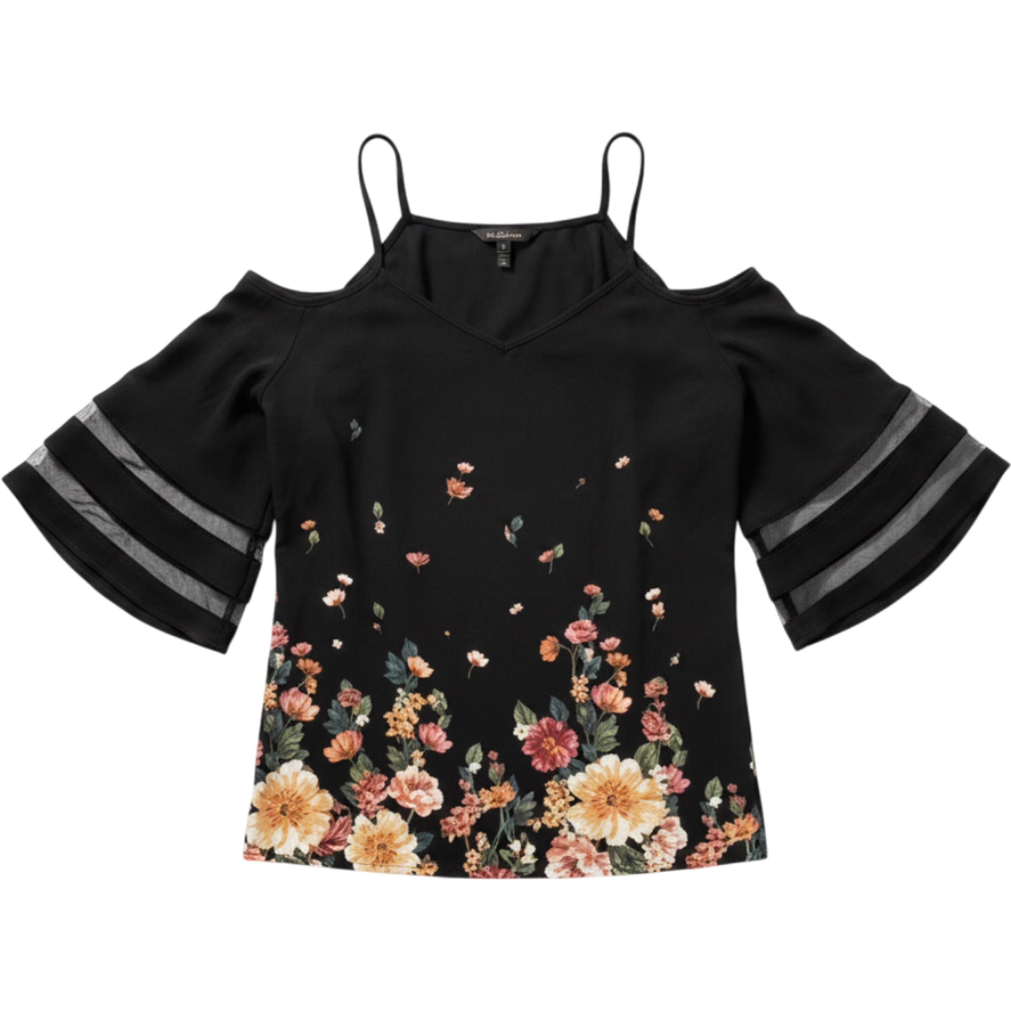 Floral Cold Shoulder Blouse Black Sheer Sleeve Dressy Top Flowing Sz 2XL