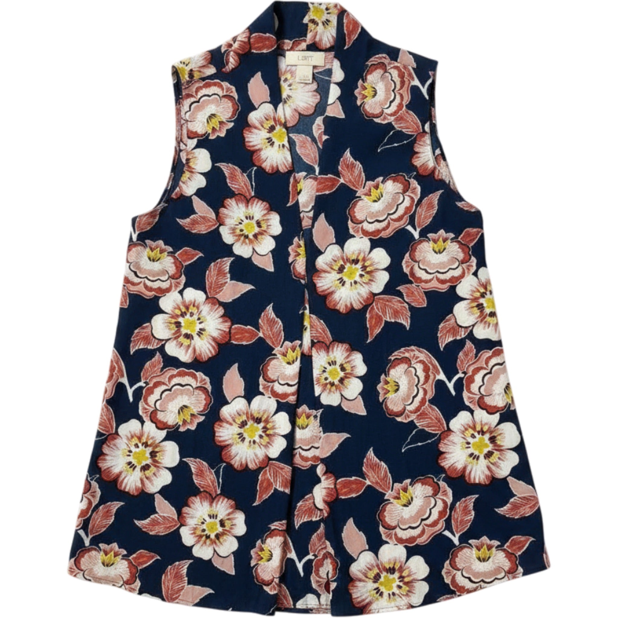 LOFT Floral Sleeveless Blouse Navy Pink Tank Top Lightweight Flowy Sz L