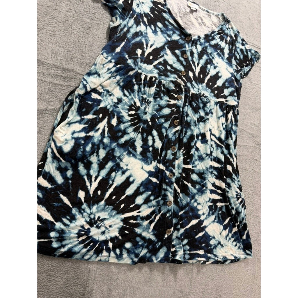 LuLaRoe Blue Black Tie Dye Button Front V-Neck Mini Dress Womens Large Festival