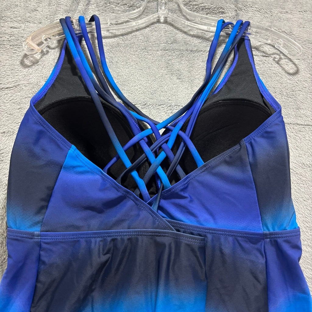 Firpearl Womens 16 Blue Ombre Tankini Swim Top Cross Back Strappy Casual Beach