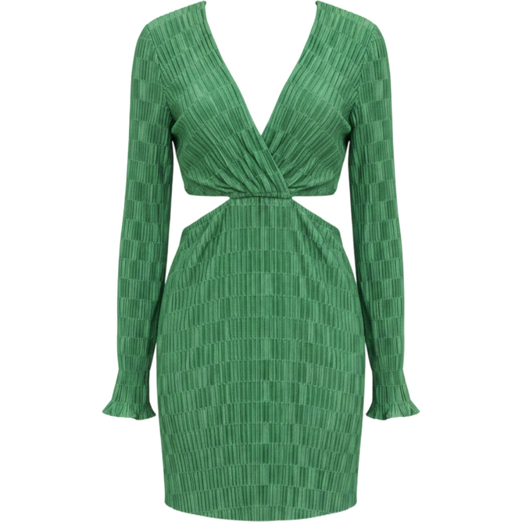 Dee Elly Green Cutout Mini Dress Long Sleeve Texture Tie Back Y2K Party Vacation