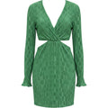 Dee Elly Green Cutout Mini Dress Long Sleeve Texture Tie Back Y2K Party Vacation