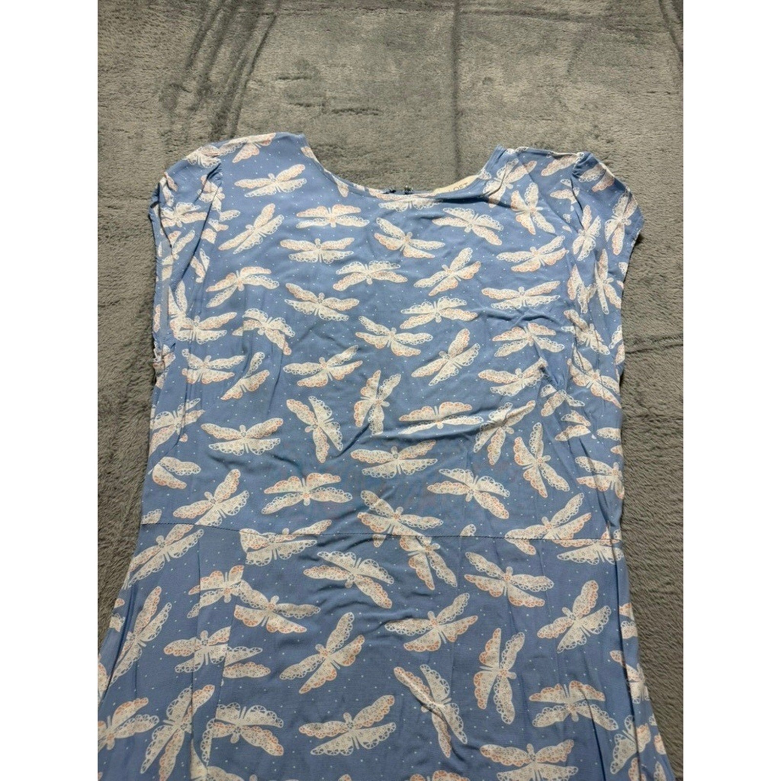 LOFT Dress Womens 12 Blue Dragonfly Print Cap Sleeve Fit Flare Midi