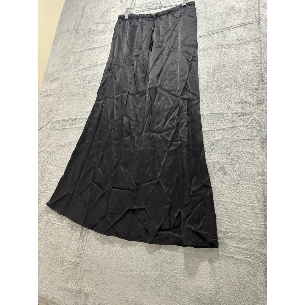 Zara Black Satin A-Line Maxi Skirt Drawstring Waist Size M NEW