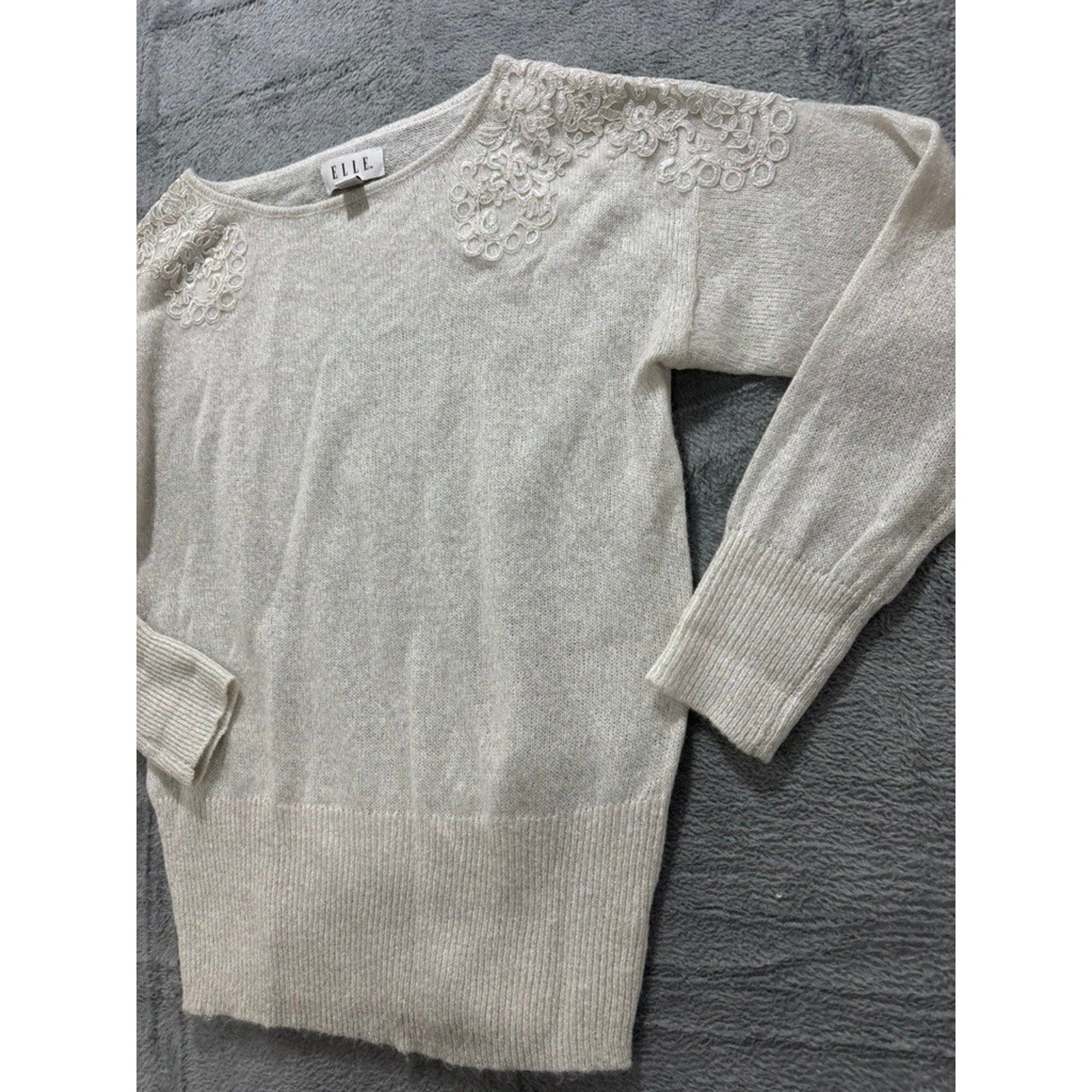 ELLE Sweater Womens Small Cream Lace Shoulder Knit Lightweight Classic