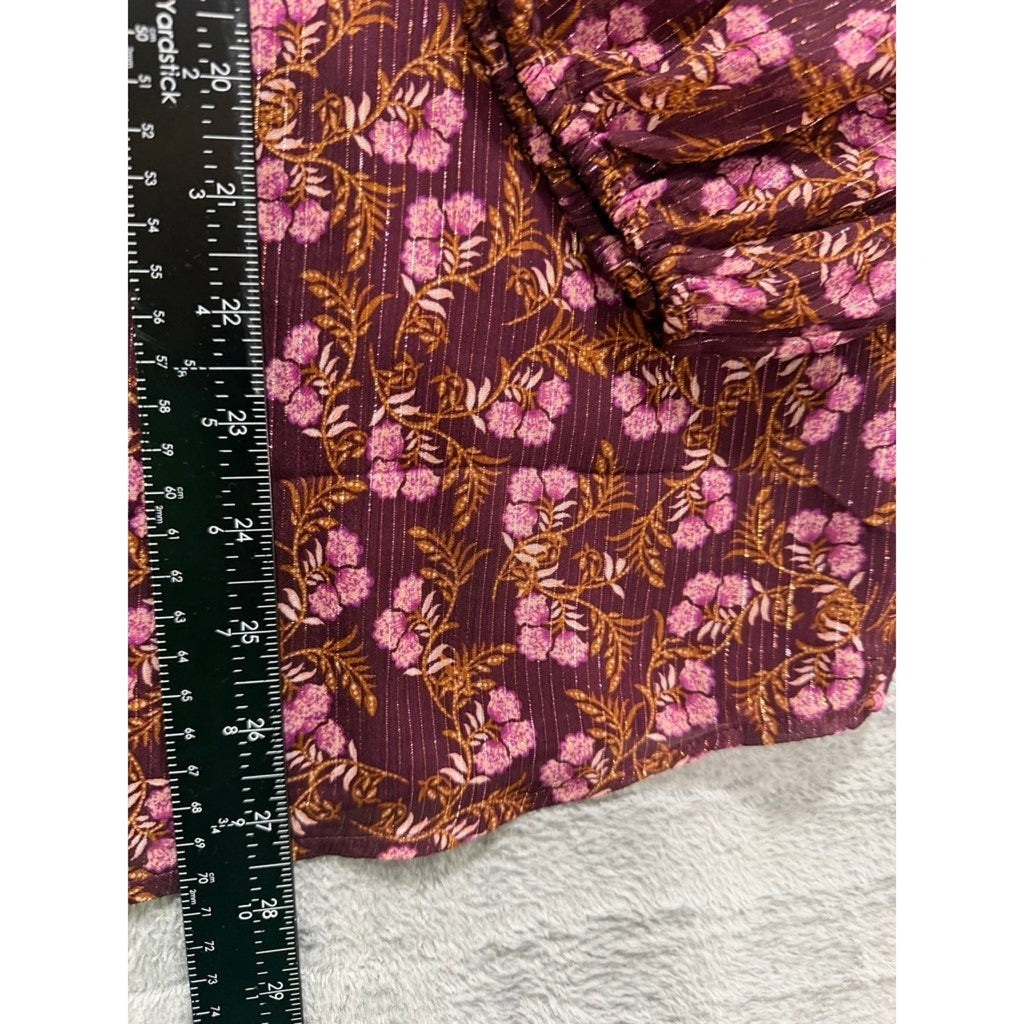 LOFT Womens XL Plum Floral Metallic Stripe Split Neck Balloon Sleeve Blouse