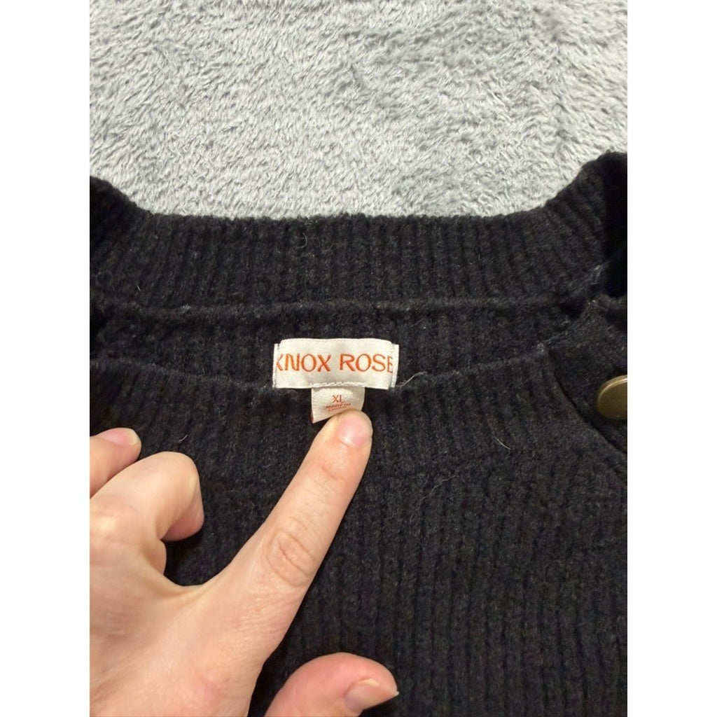 Knox Rose Sweater Womens XL Black Tan Stripe Ribbed Button Shoulder Cozy