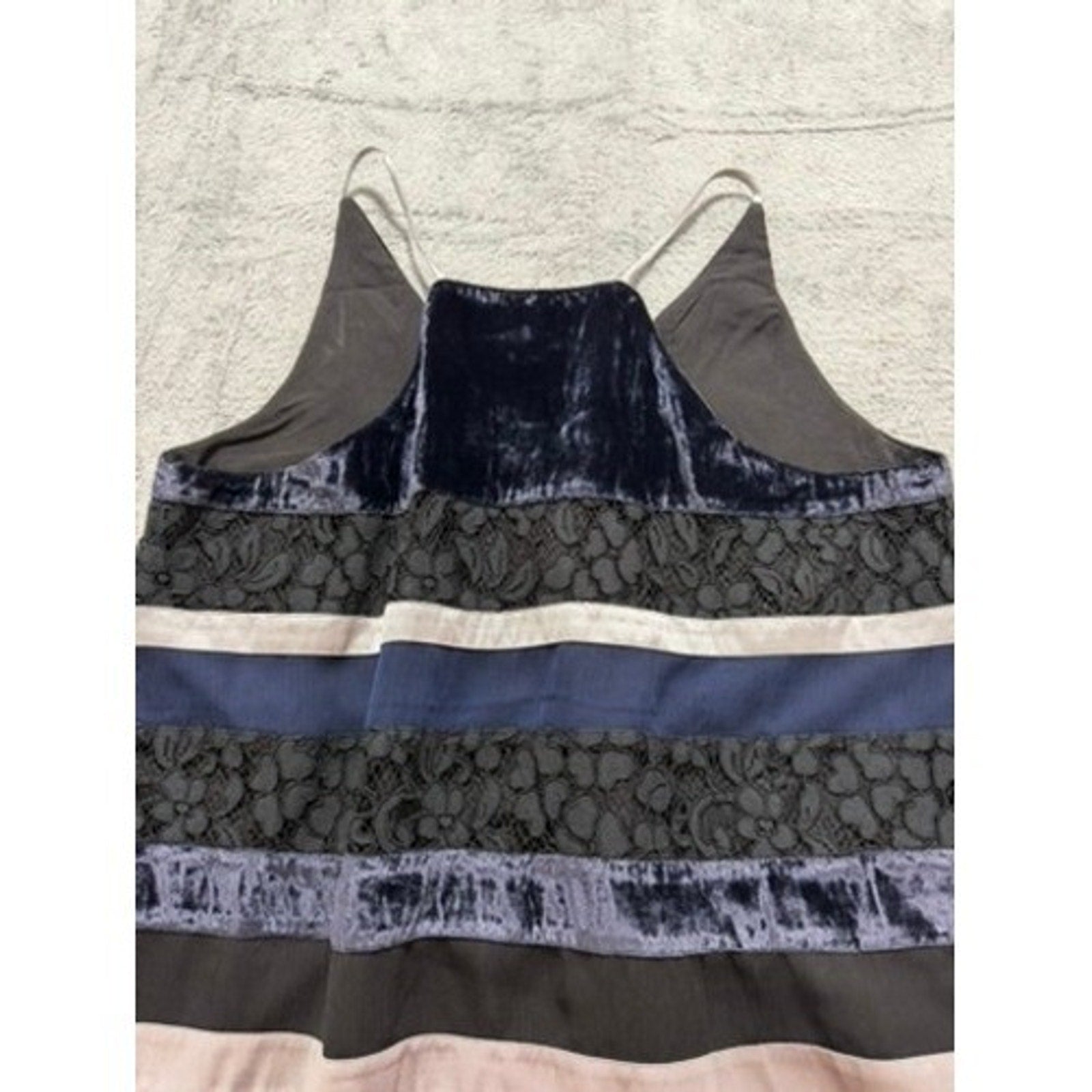 LOFT Womens Velvet Lace Striped Camisole Top Navy Black Silver XS V-Neck Strap