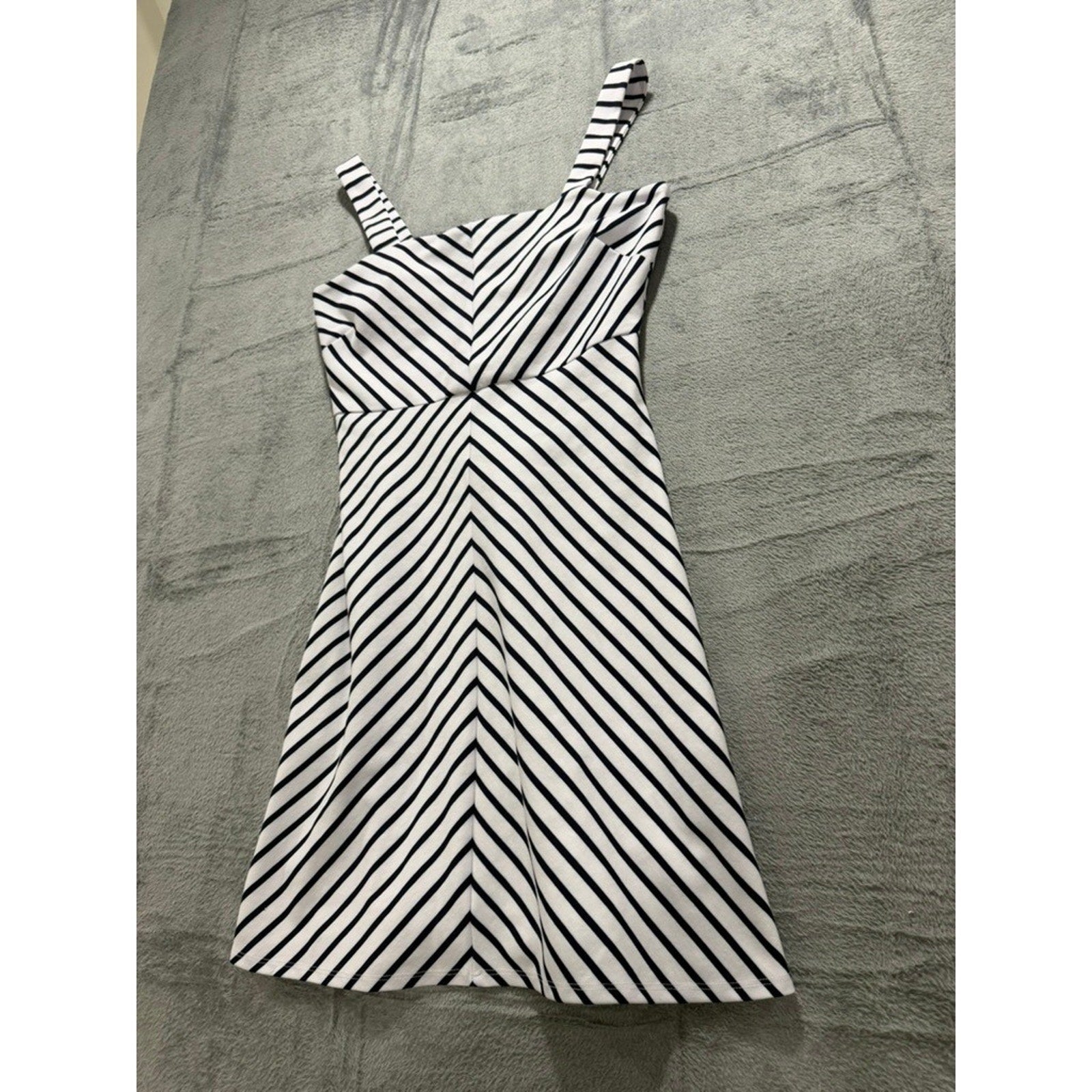 Womens Navy White Chevron Striped Fit Flare Mini Dress Square Neck Sleeveless