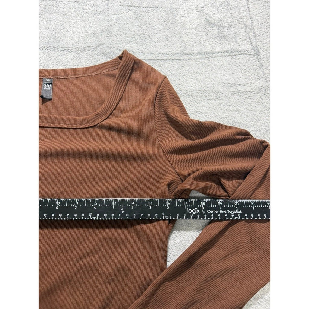 Automet Womens Brown Ribbed Square Neck Long Sleeve Top XL EZau458
