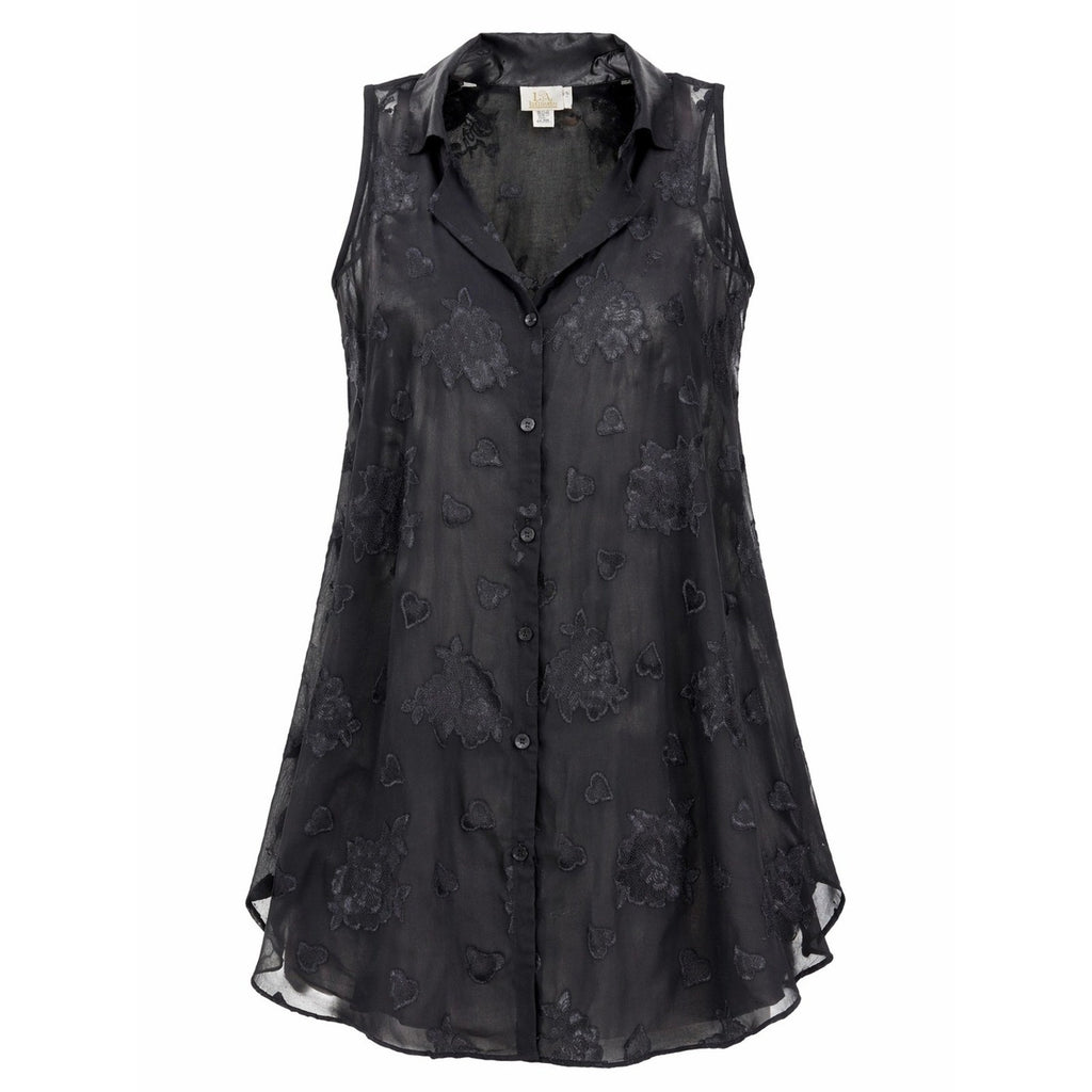 L.A. Intimates Blouse Womens Medium Black Sheer Floral Heart Button Up