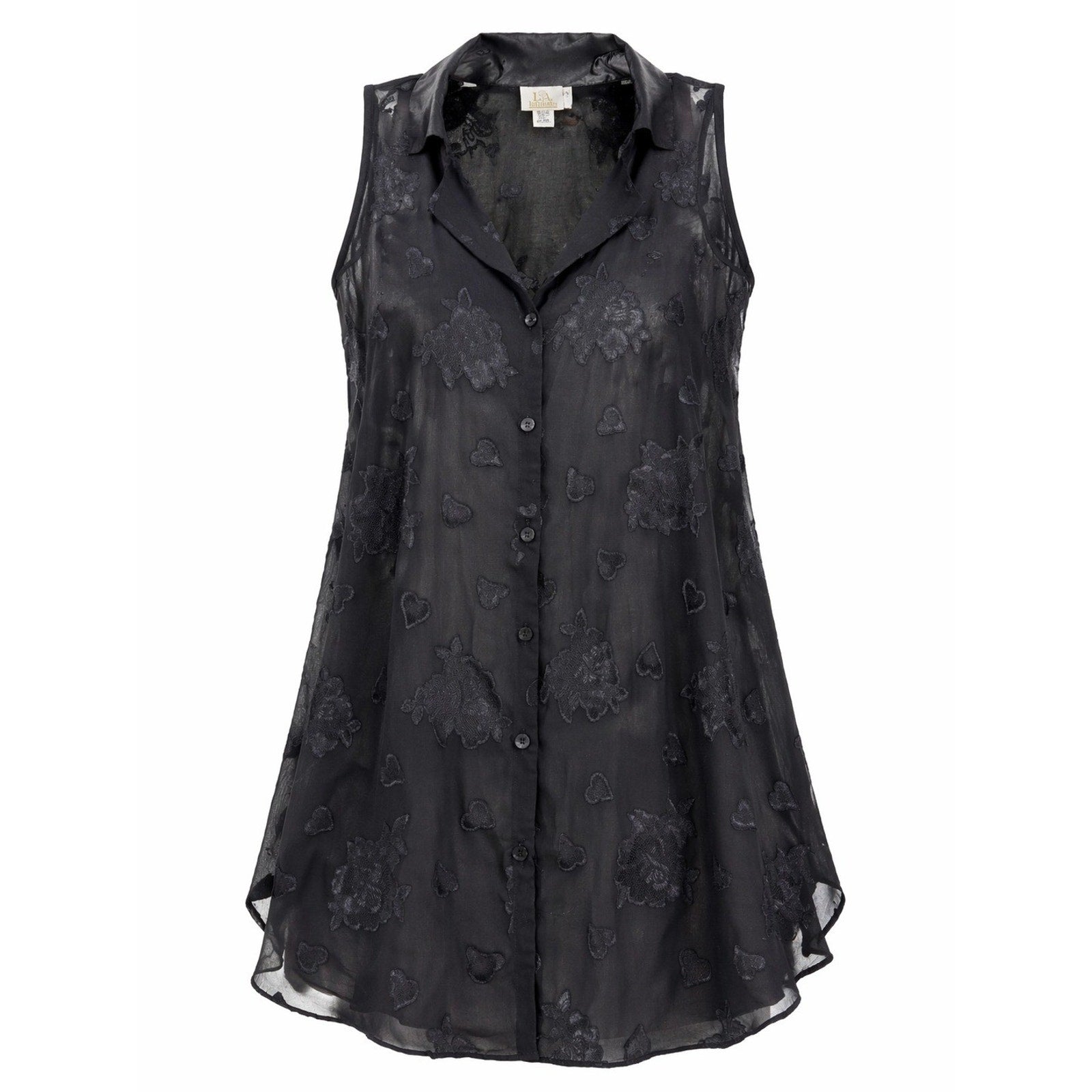L.A. Intimates Blouse Womens Medium Black Sheer Floral Heart Button Up