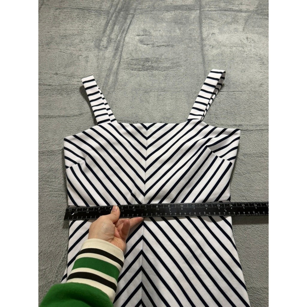 Womens Navy White Chevron Striped Fit Flare Mini Dress Square Neck Sleeveless