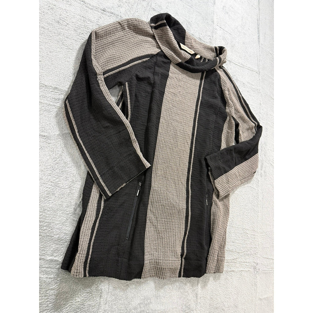 Soft Surroundings Womens Small Black Tan Striped Cowl Neck Tunic Zip Pockets