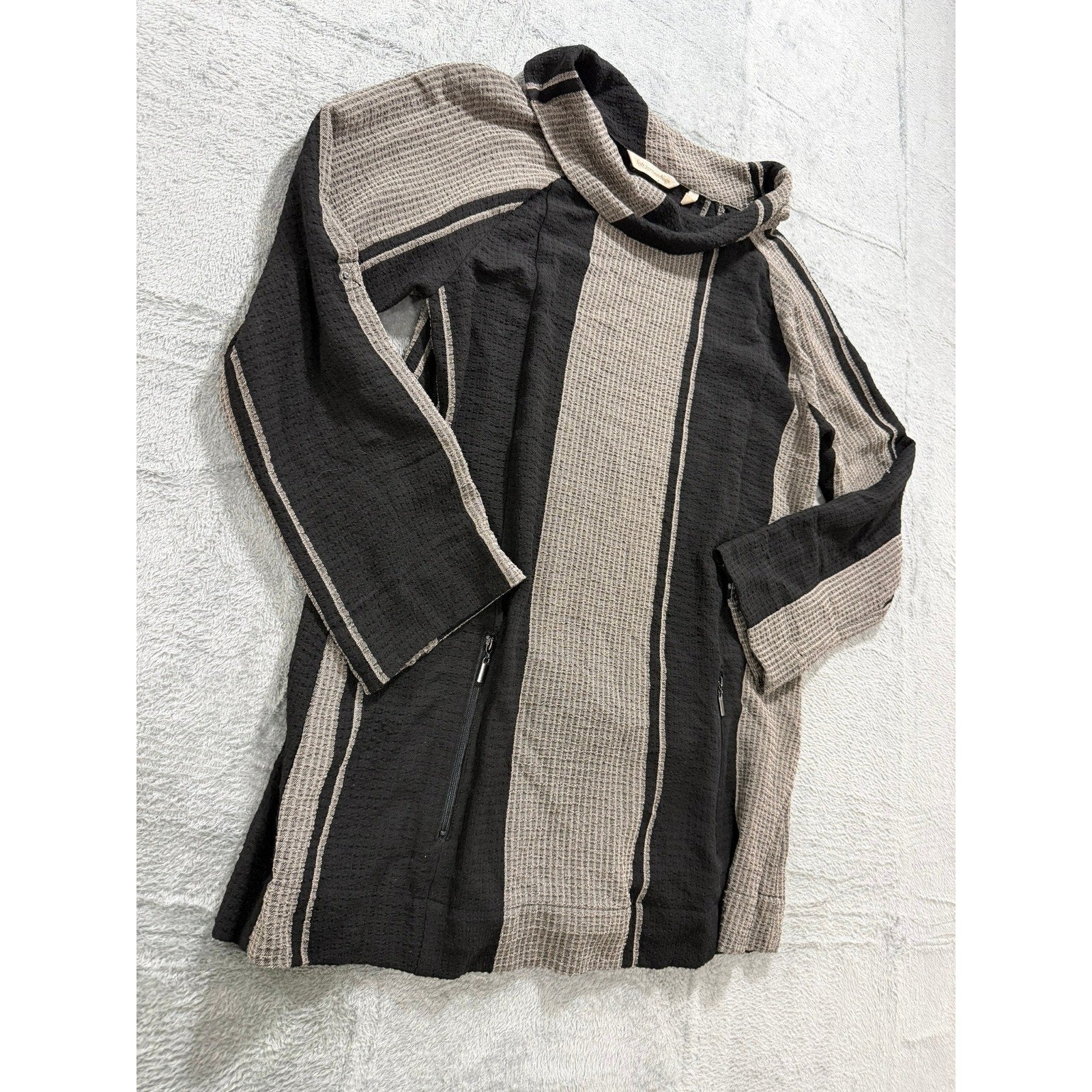Soft Surroundings Womens Small Black Tan Striped Cowl Neck Tunic Zip Pockets