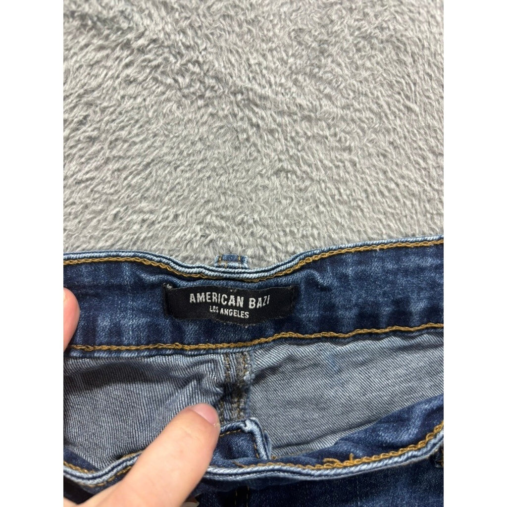 American Bazi Plus 2X Distressed Raw Hem Denim Shorts Blue High Rise Stretch