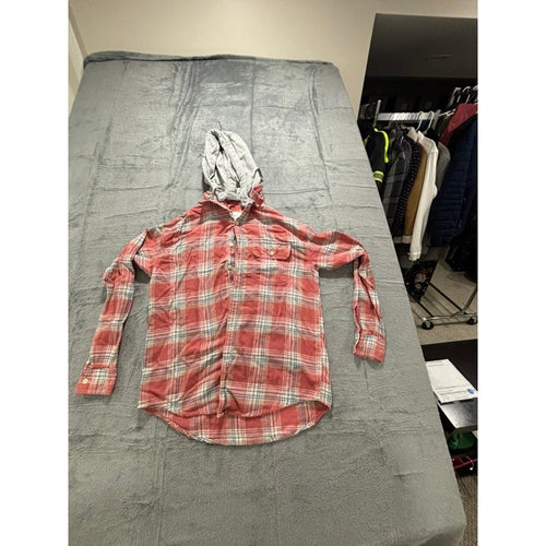 American Eagle Womens M Red Plaid Hooded Flannel Shirt Casual Vintage Cozy