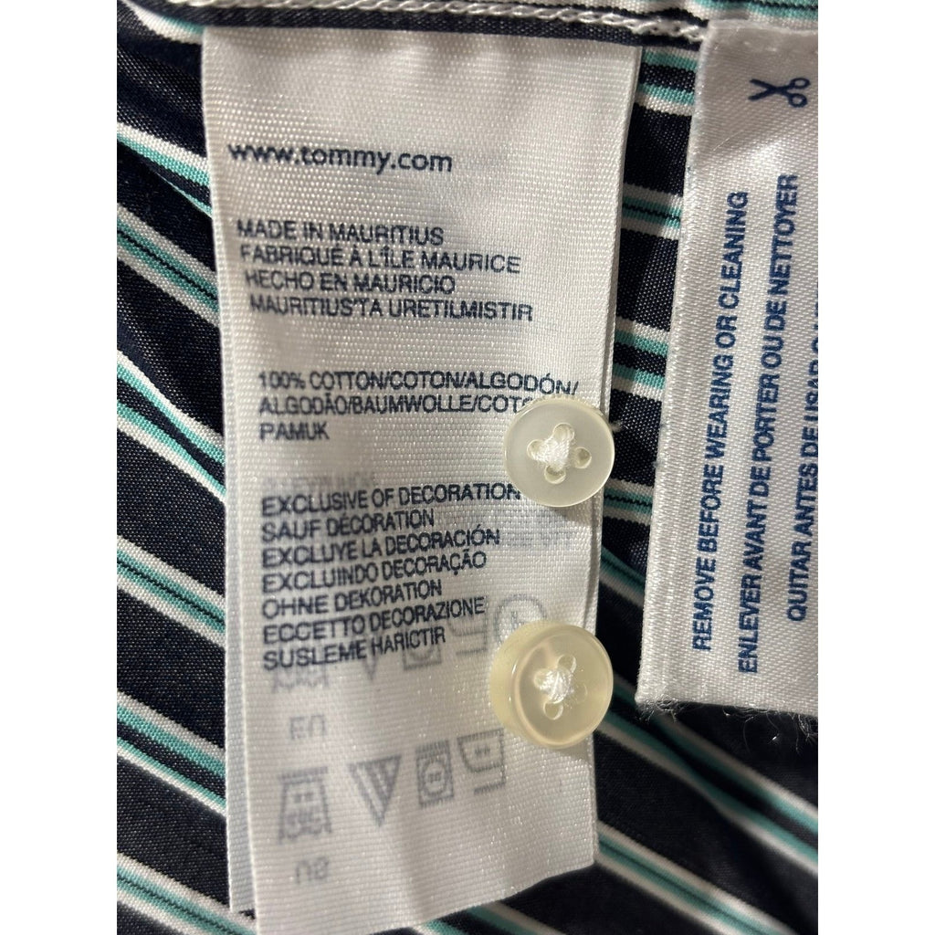 Tommy Hilfiger L Green Blue Striped Button Down Shirt Mens Custom Fit Preppy