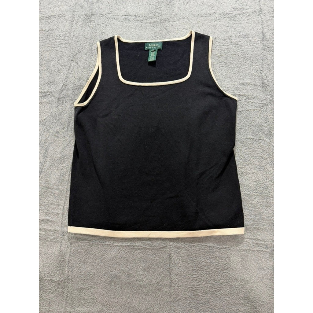 Lauren Ralph Lauren Tank Top Womens XL Black Silk Blend Contrast Trim Knit