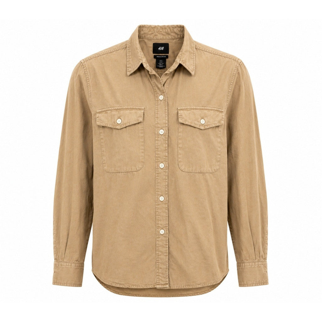 HM Mens Regular Fit Long Sleeve Button Up Utility Shirt Tan Khaki Small