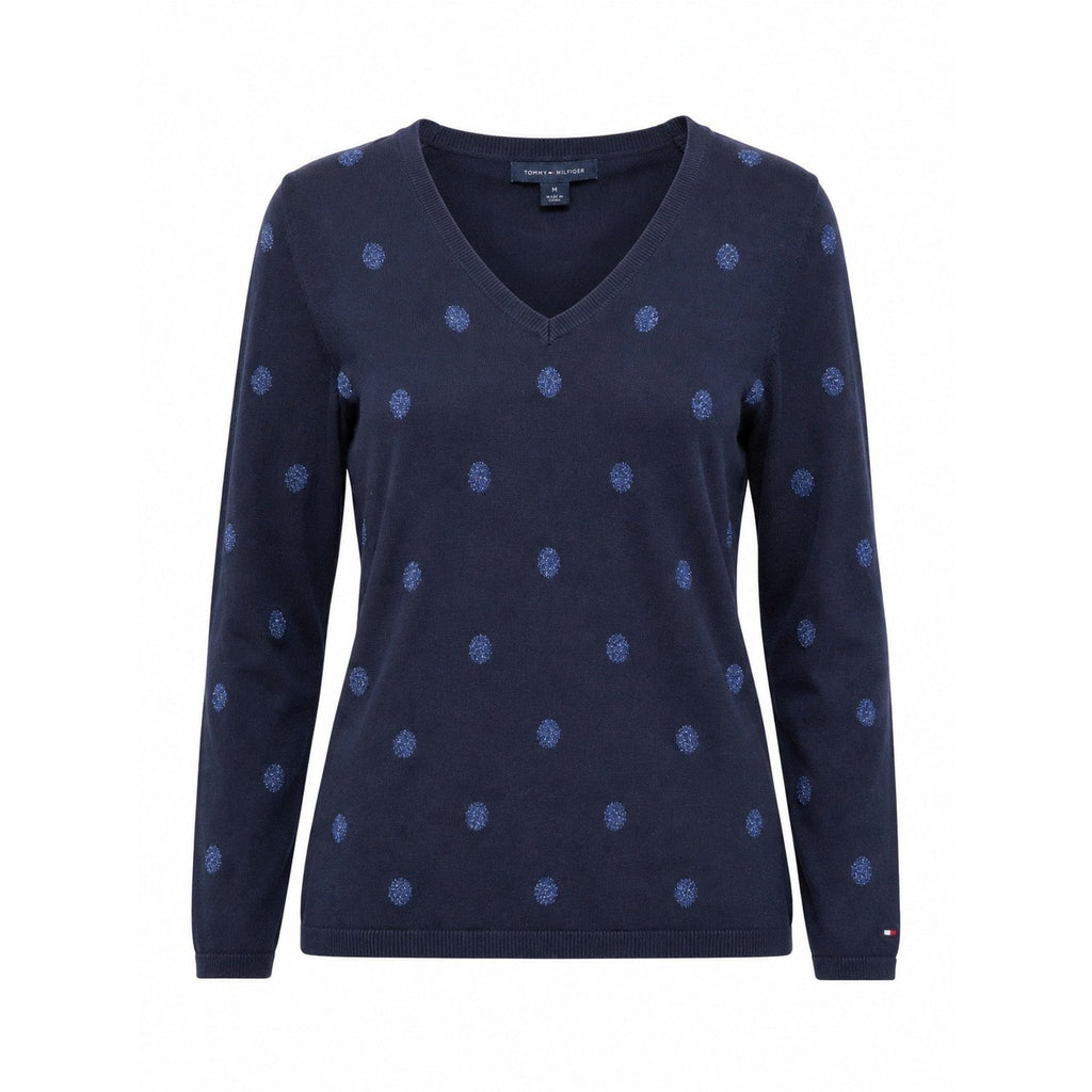 Tommy Hilfiger Sweater Womens M Navy Polka Dot V Neck Long Sleeve Preppy