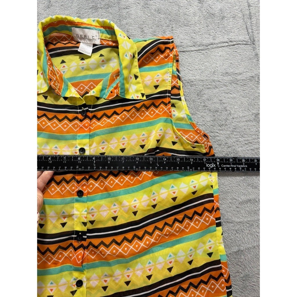 Geri C. New York Womens Sleeveless Geometric Tribal Stripe Button Down Top Large