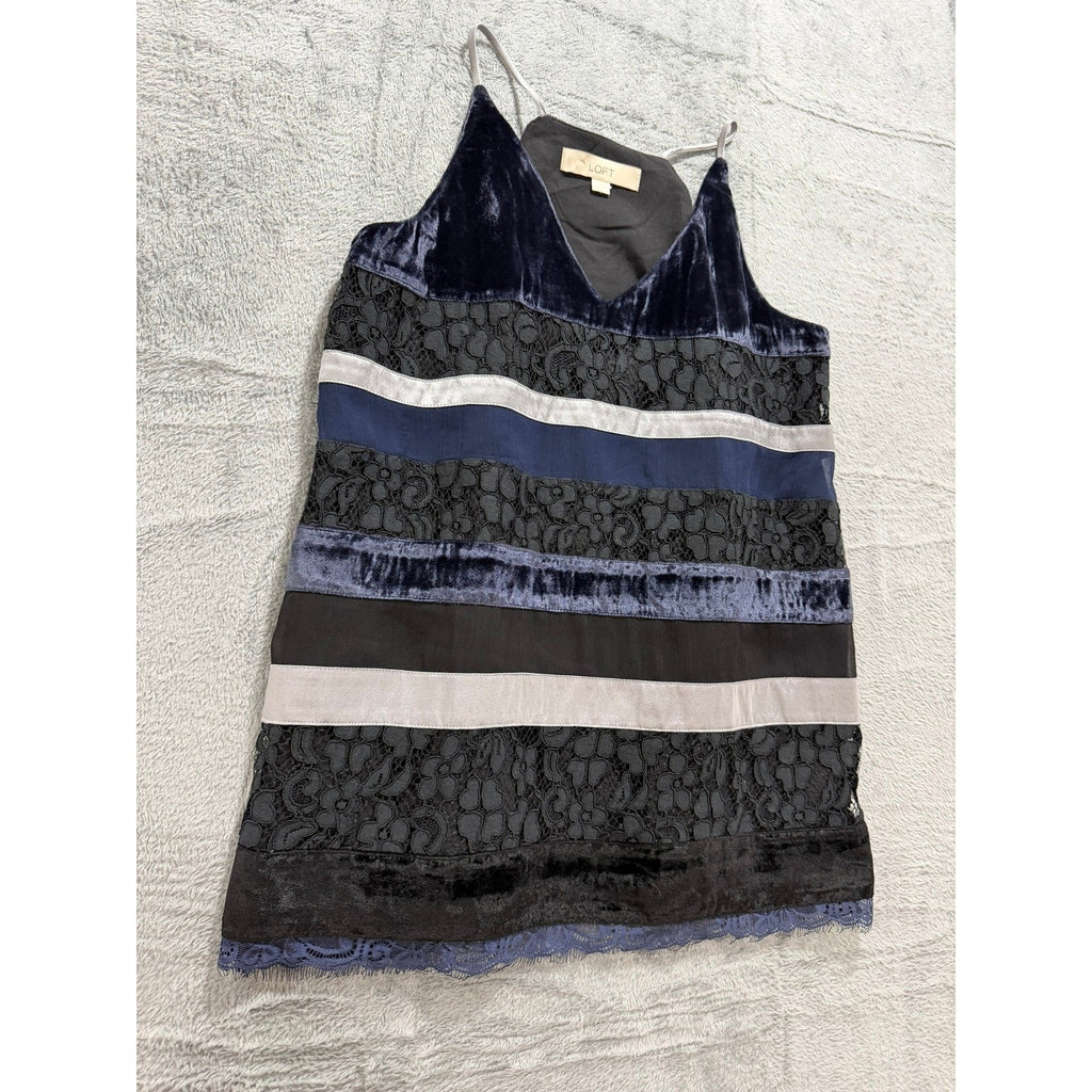 LOFT Womens Velvet Lace Striped Camisole Top Navy Black Silver XS V-Neck Strap