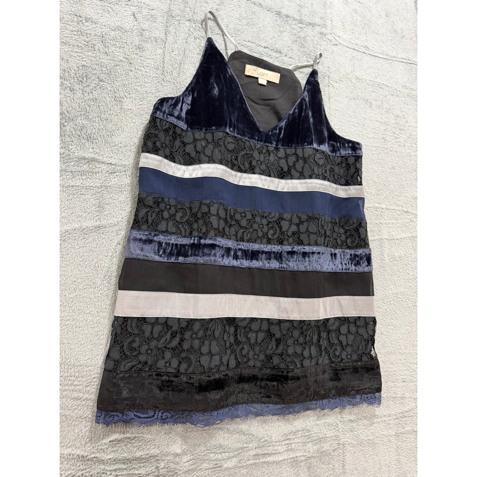 LOFT Womens Velvet Lace Striped Camisole Top Navy Black Silver XS V-Neck Strap