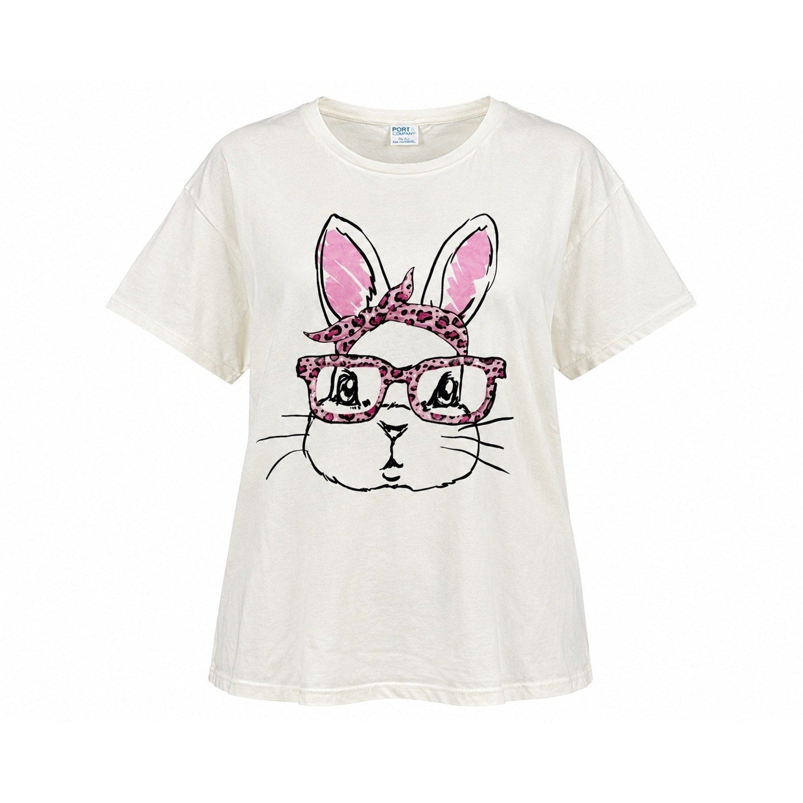 Port & Company White Bunny Leopard Glasses Graphic T-Shirt Womens 3XL Quirky