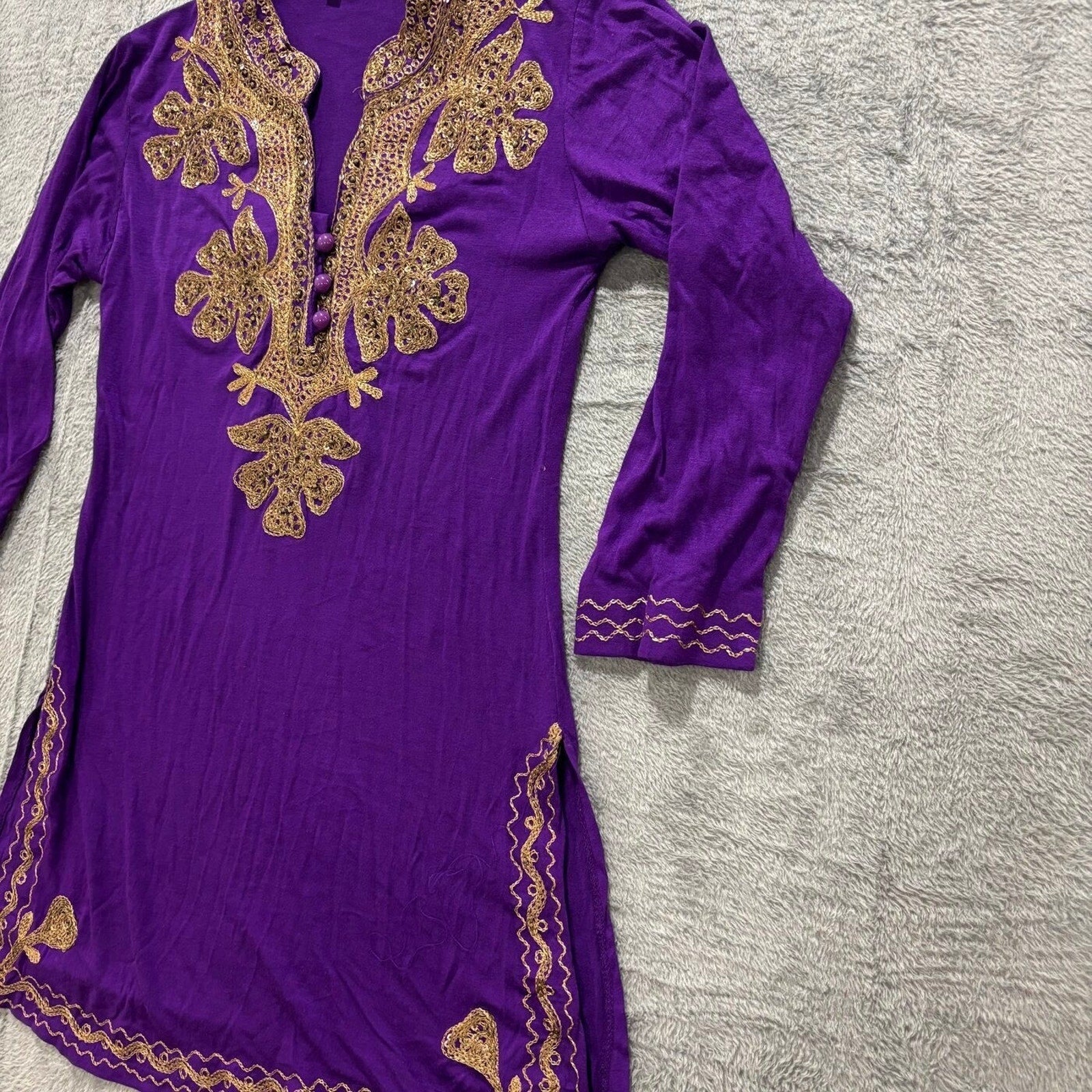 Womens L Purple Embroidered Gold Sequin Tunic Top Boho Festival Casual