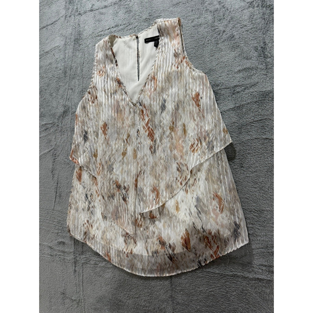 White House Black Market XS Tiered Ruffle Shell Top Metallic Stripe Abstract Tan