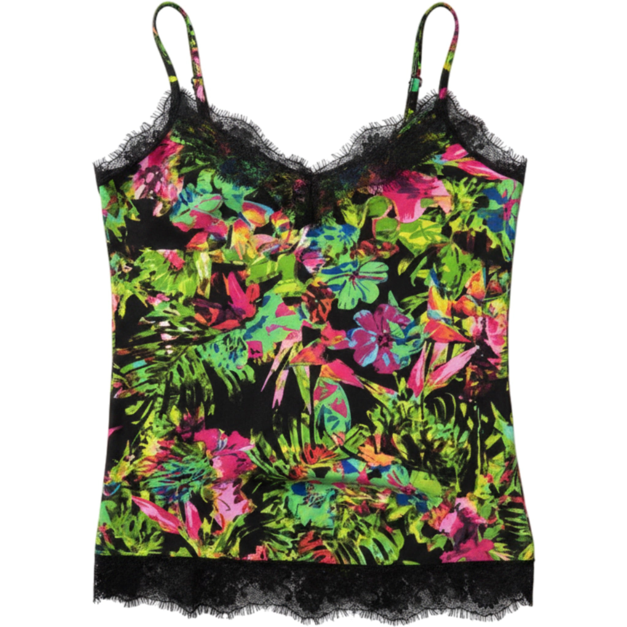 Bongo Tank Top Womens Medium Floral Neon Lace Trim Y2K Clubwear Cami