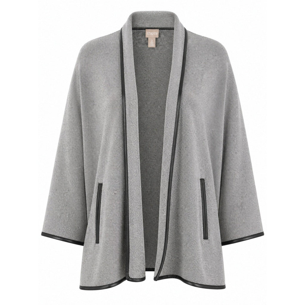 Chicos Grey Black Birds Eye Knit Open Front Cardigan Faux Leather Trim Size 2 L