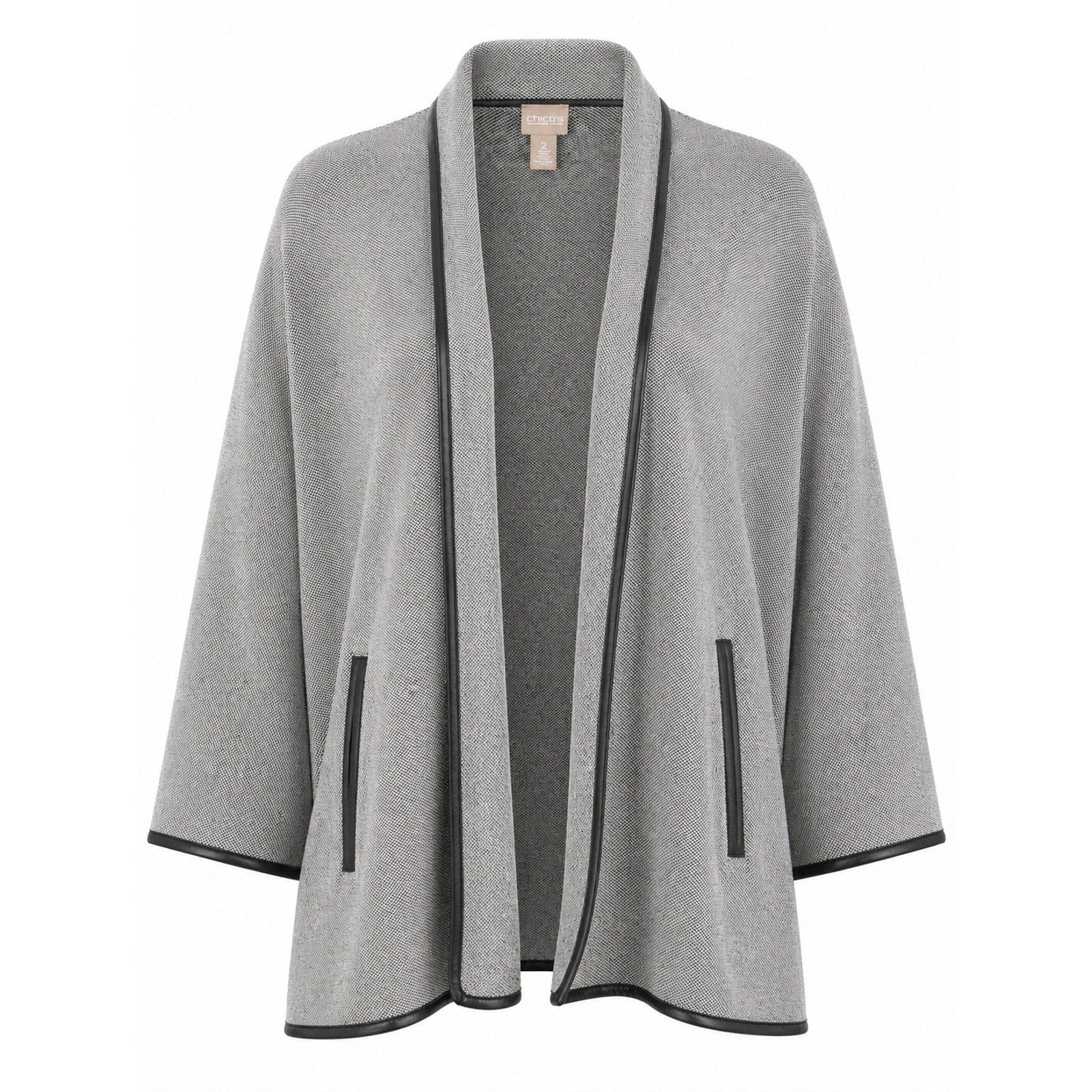 Chicos Grey Black Birds Eye Knit Open Front Cardigan Faux Leather Trim Size 2 L