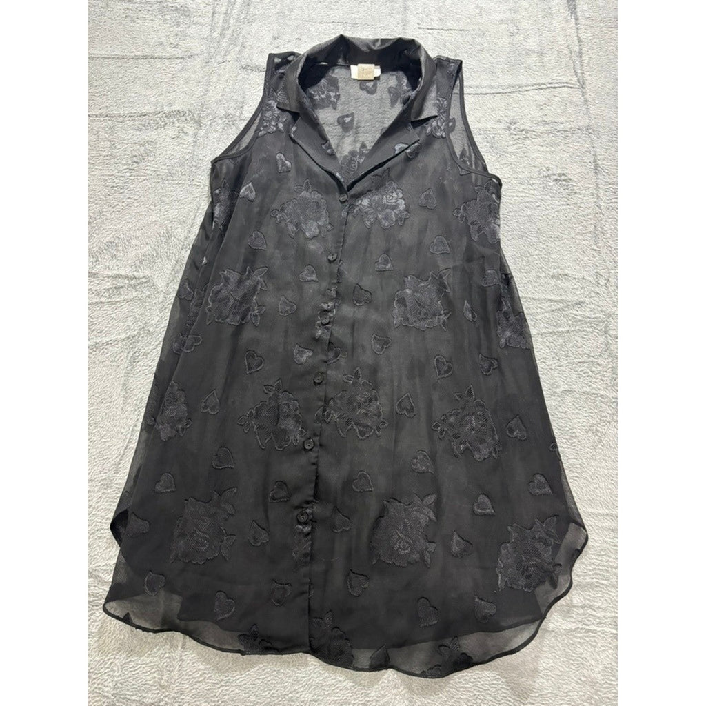 L.A. Intimates Blouse Womens Medium Black Sheer Floral Heart Button Up