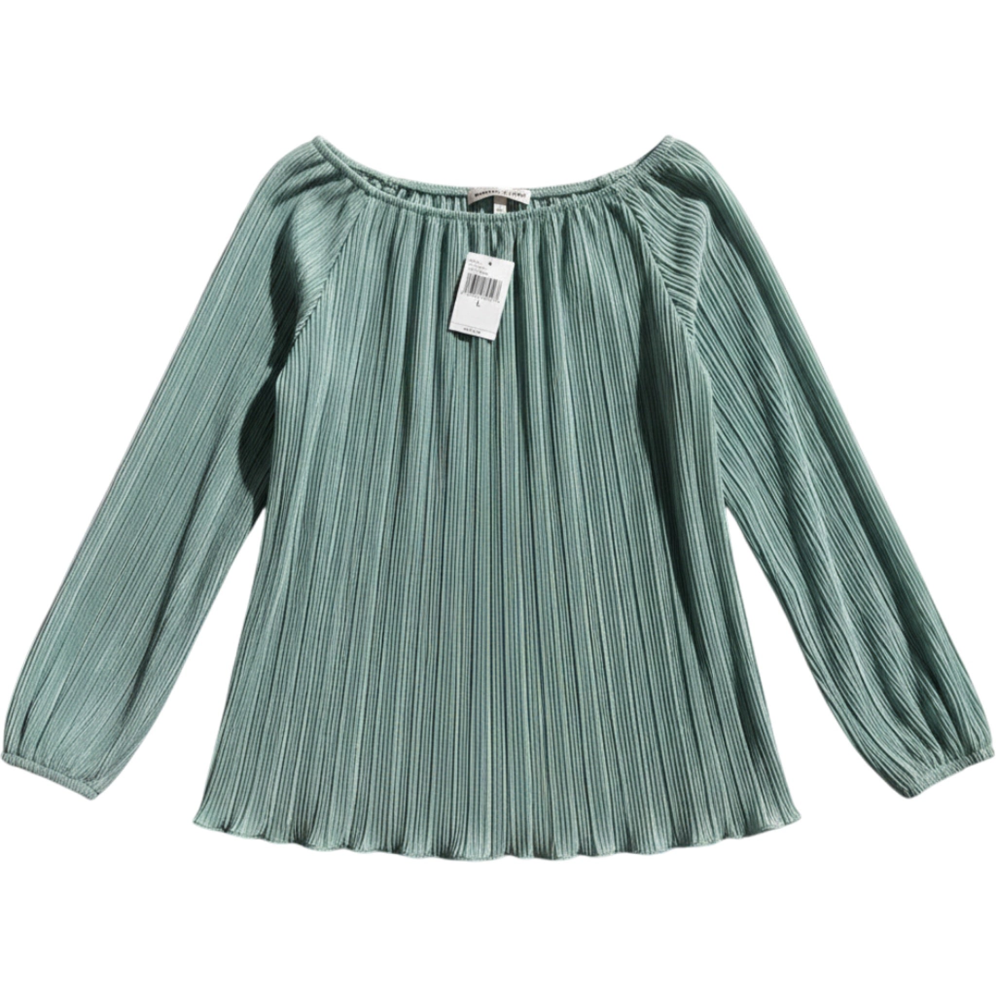 Almost Famous Mint Pleated Blouse Metallic Sheen Long Sleeve Boho Stretch Top