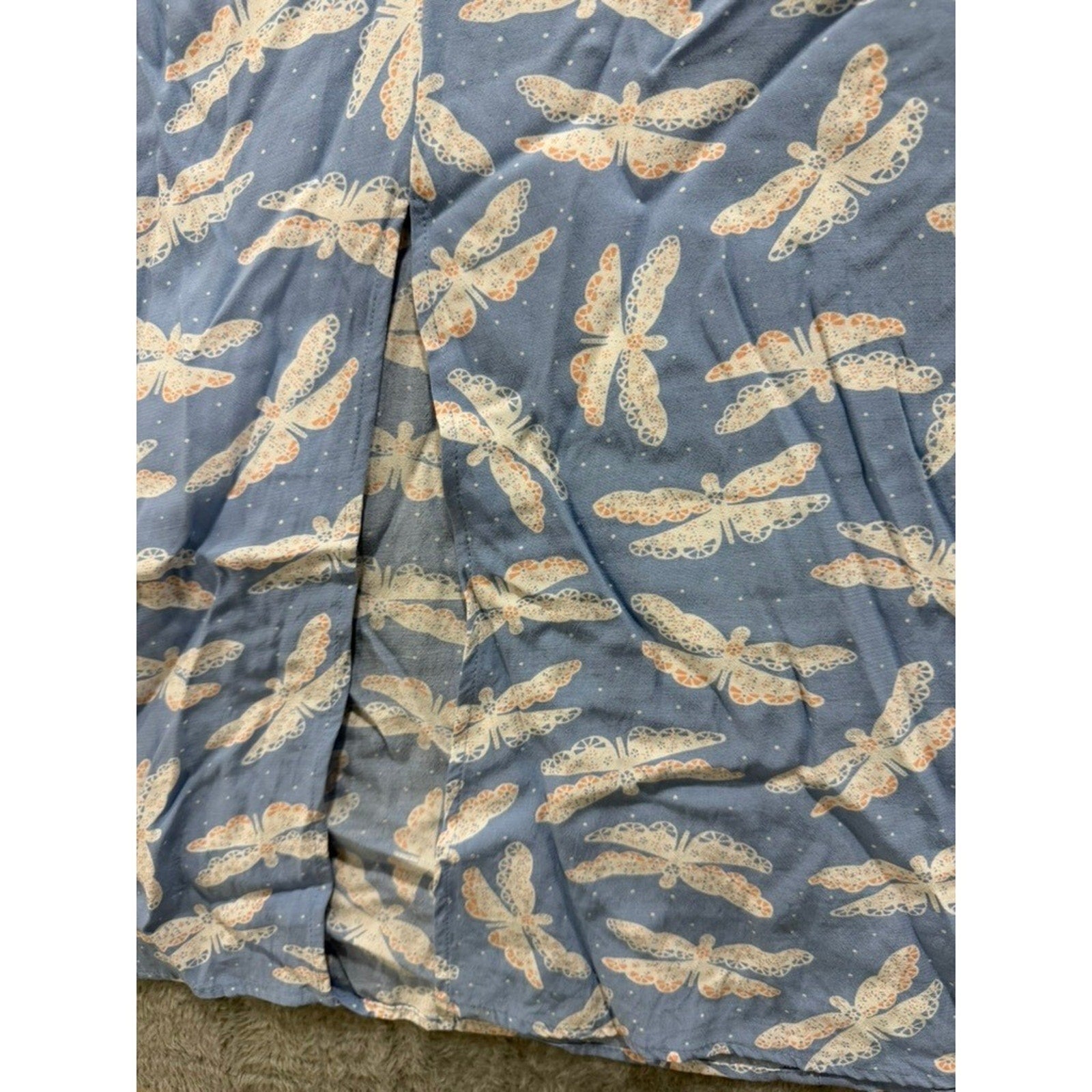 LOFT Dress Womens 12 Blue Dragonfly Print Cap Sleeve Fit Flare Midi