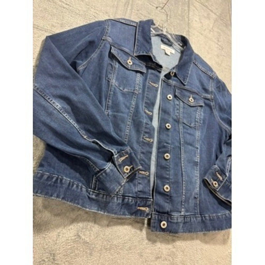 Liz Claiborne Womens XL Blue Denim Trucker Jacket Stretch Medium Wash Button Up