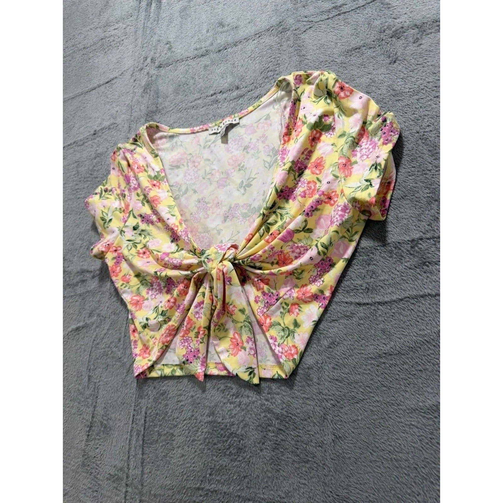 Haute Monde Womens Yellow Floral Tie Front Crop Top V-Neck Short Sleeve Large